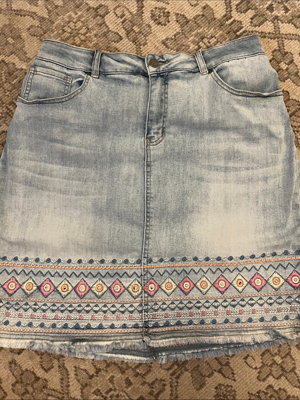 Charlie B Light Blue Denim Mini Skirt with Embroidered Hem